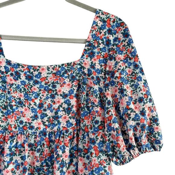 BCBG Paris Tie-Back Chiffon Floral Print Mini Tiered Dress Blue Pink, Size Small - Picture 5 of 11